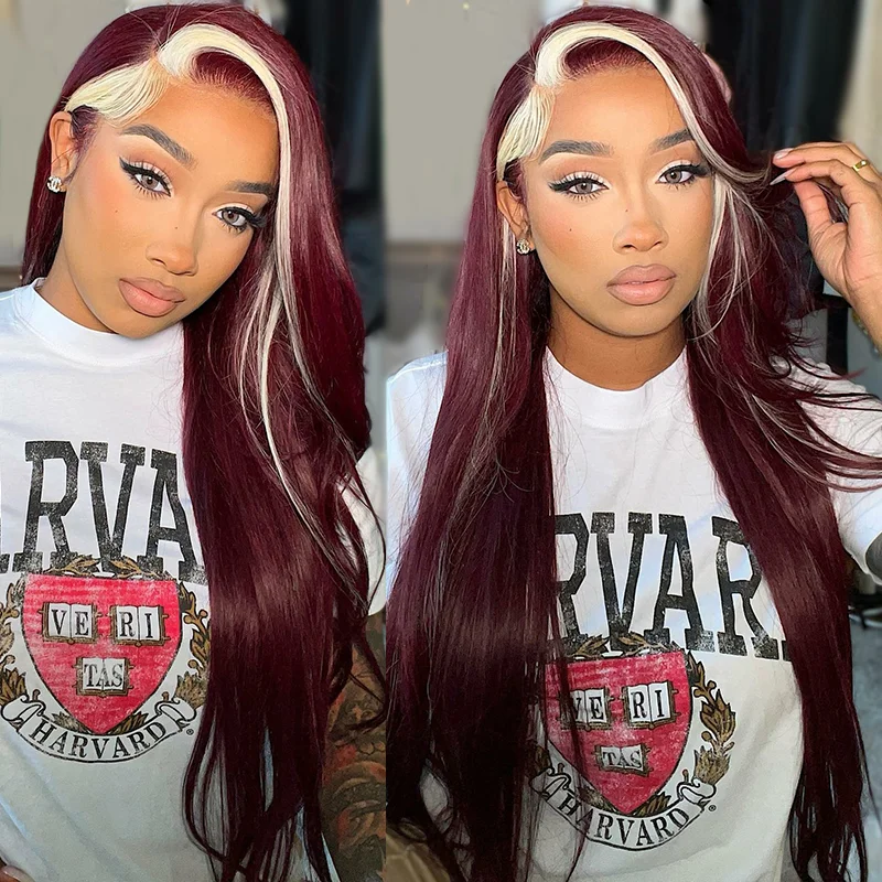 Colored wig with a side - part for a more flattering appearanceCranberry Red Wine & Blonde Skunk Stripe Color Wig 13*4 Lace Front Wig