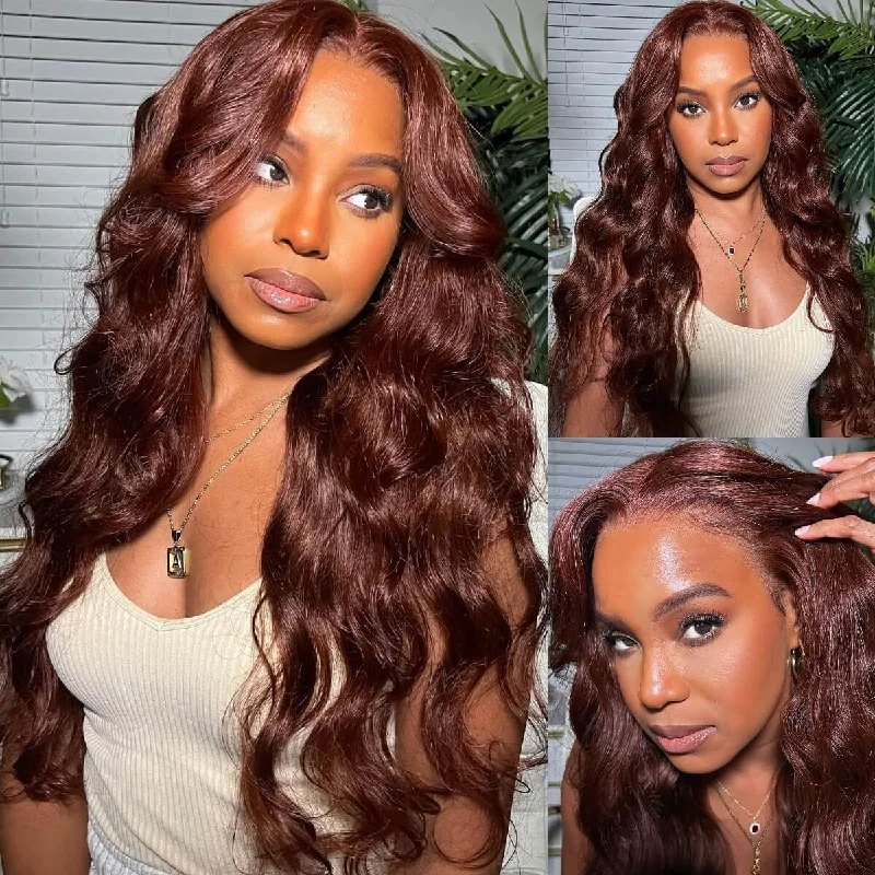 Colored wig with a red - orange hue for a warm and energetic lookCranberry Reddish Brown 13x4 Body Wave Lace Front Hair Wig Autumn Perfect Color For Dark Skins