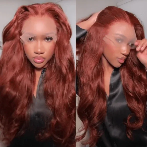 Synthetic colored wig with a heat - resistant formula for easy stylingCranberry REDDISH BROWN BODY WAVE 13X4 LACE FRONTAL WIG WITH B