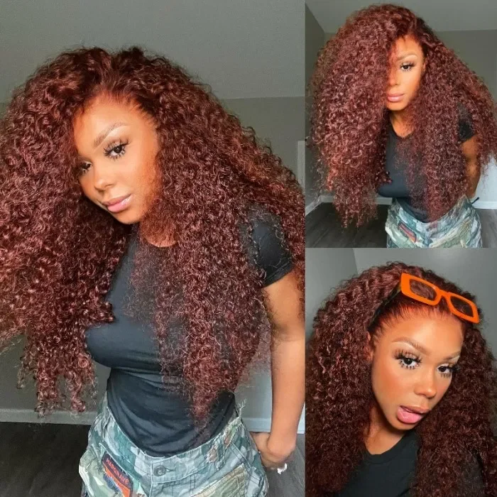 Colored wig with a wispy fringe for a soft and feminine lookCranberry Reddish Brown Curly Wave 13x4 Lace Front Autumn Breeze Wig