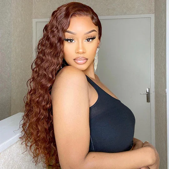 Colored wig with a silk - base cap for a comfortable and smooth feelCranberry Reddish Brown Water Wave 13x4 Transparent laceLace Front Wig