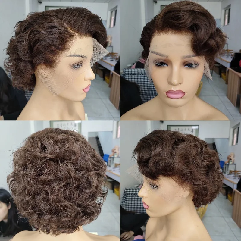 Colored wig with a curly texture for a bold and stylish choiceDark Brown Pixie Cut Wig Human Hair Lace Frontal Wig for Black Women