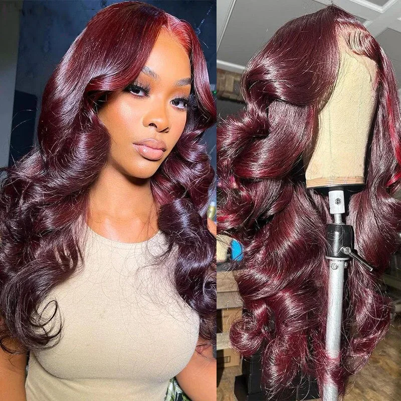 Colored wig with a wispy fringe for a soft and feminine lookOneMore Dark Burgundy Color 13X4 Lace Front Wigs HD Lace 99J Body Wave Glueless Wig