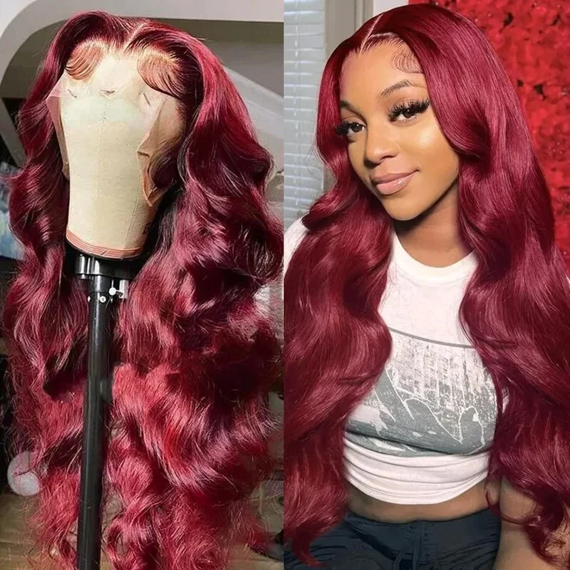 Colored wig with a silk - base cap for a comfortable and smooth feelOneMore 99J Burgundy Wigs Body Wave Glueless Human Hair Wigs 13x4 Tansparent Lace Frontal Wig