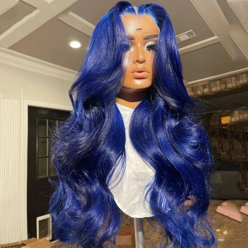 Colored wig with a wispy fringe for a soft and feminine lookOneMore Dark Blue Human Hair Wig Body Wave HD Transparent Lace 13x4 Lace Front Wigs