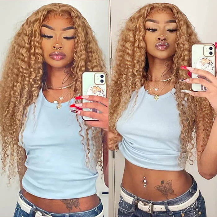 Synthetic colored wig with a heat - resistant formula for easy stylingDeep Wave #27 Colored Human Hair Wigs Honey Blonde13x6 HD Transparent Lace Frontal Wigs