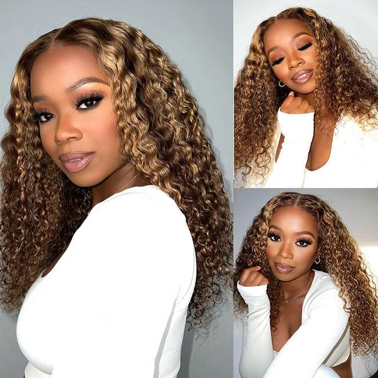 Colored wig with a 150 - density for a full and thick appearanceHighlight Ombre Honey Blonde Lace Front Wig Deep Wave Human Hair 4x4 Lace Closure Wigs