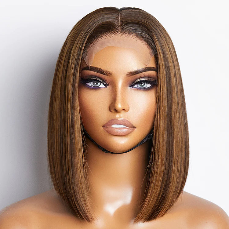 Bob wig made from high - quality synthetic fibers?[ BIG SALE ] Glueless Chestnut Brown Highlights Blunt Cut Bone Straight 4x4  Closure HD Lace  Bob Wig 100% Human Hair