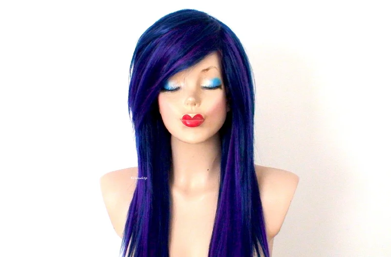 Adjustable - cap colored wig for a comfortable fit28" Navy Blue/ Deep Purple Ombre Long Straight Hair Wig. Emo Wig. Scene Wig