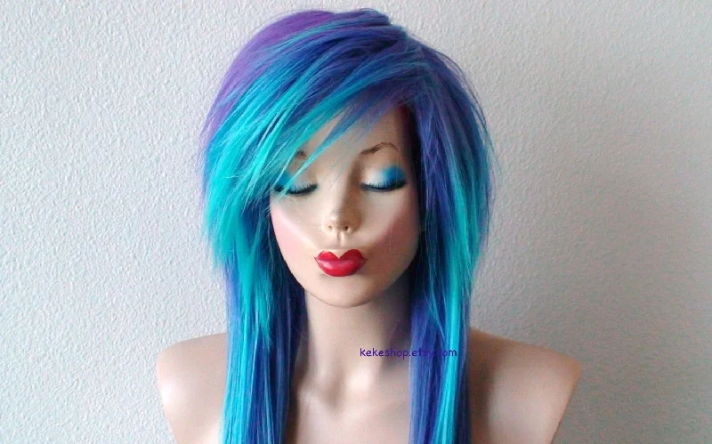 Adjustable - cap colored wig for a comfortable fit30" Purple Teal Ombre Long Straight Emo Hair Wig. Scene Wig