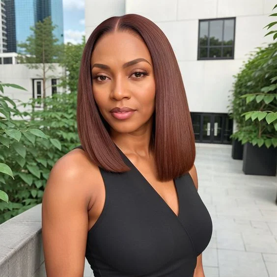 Bob wig with a curly fringe for a playful and youthful vibeGlueless Chestnut Brown Blunt Cut Bone straight 4x4 HD Lace Bob Wig 100% Human Hair 12"