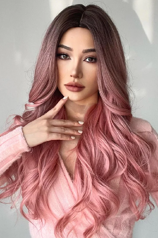 Colored wig with a red - orange hue for a warm and energetic lookFashion Wave Synthetic Long Wigs in Pink 26''