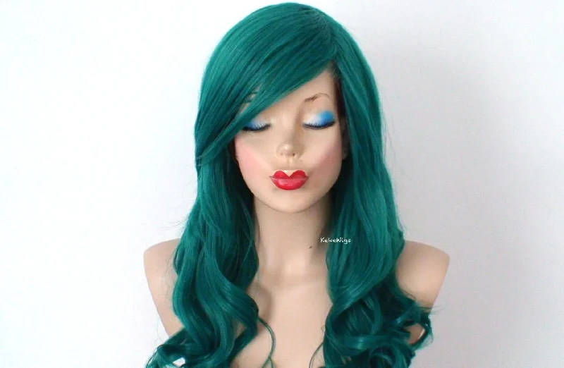 Human - hair colored wig for a natural and luxurious feel26" Forest Green Long Curly Hair Long Side Bangs Wig