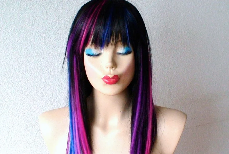 Colored wig with a curly texture for a bold and stylish choice20" Black Galaxy Ombre Straight Hair with Bangs Wig