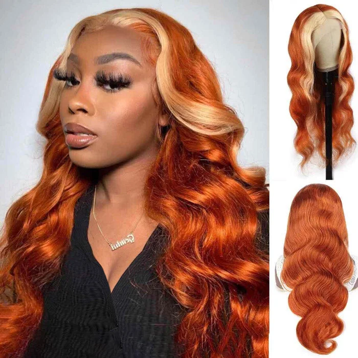 Colored wig with a straight texture for a sleek and minimalist lookGinger Hair Color with Blonde Highlights Body Wave Lace Frontal Wig Human Hair Skunk Stripe Wig