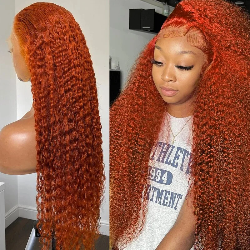 Colored wig with a middle - part for a classic and elegant styleOneMore Ginger Orange 13x4 Transparent Lace Front Wigs Curly Hair Pre Plucked Glueless Wigs For Women