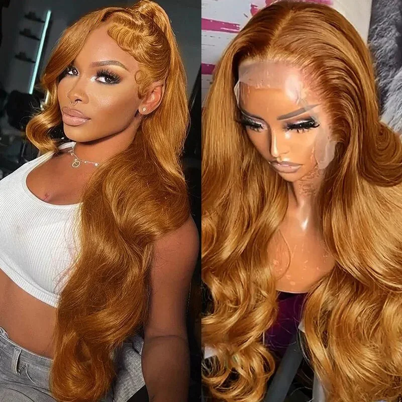 Colored wig with a wispy fringe for a soft and feminine lookOneMore Ginger Blonde Body Wave HD Lace Front Wig Ginger Blonde Human Hair Wig