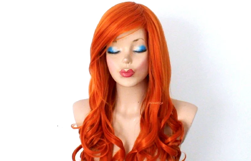 Colored wig with a pre - plucked hairline for a more natural look26" Orange Long Curly Hair Long Side Bangs Wig