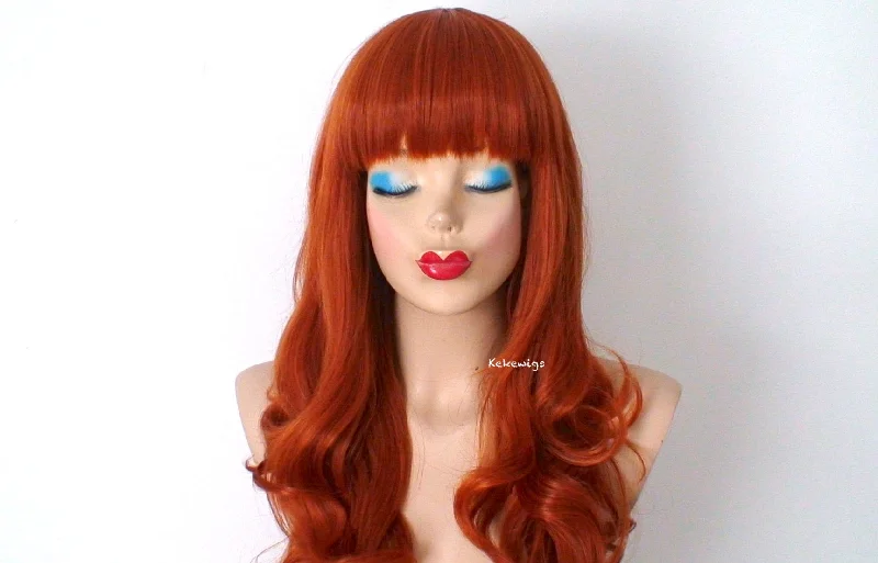 Colored wig with a pre - plucked hairline for a more natural look26" Ginger Orange Long Curly Hair with Bangs Wig