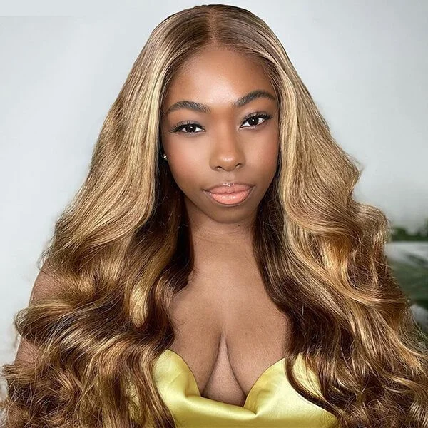 Colored wig with a 150 - density for a full and thick appearanceWear & Go Honey Blonde Highlight Color Silky Body Wave Wig Transparent Frontal Lace Glueless Wig