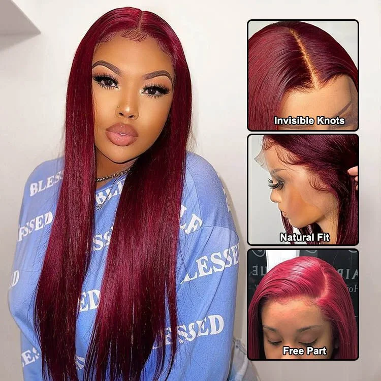 Colored wig with a 150 - density for a full and thick appearanceGlueless 13x6 Frontal Lace 99J Burgundy Wine Red Straight Wig Human Hair