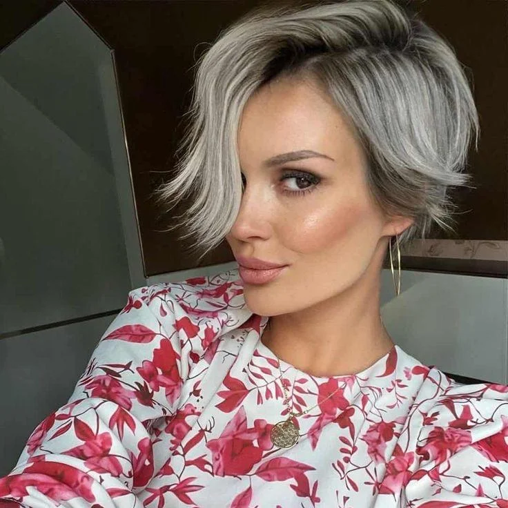 Human - hair colored wig for a natural and luxurious feelGray Highlight Pixie Cut Lace Frontal Wig straight Human Hair Wig