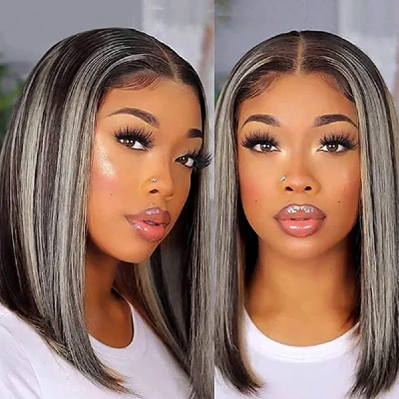 Colored wig with a side - swept bang for a sophisticated lookGrey Bob Wig with Blonde Highlight Brazilian Human Hair for African American