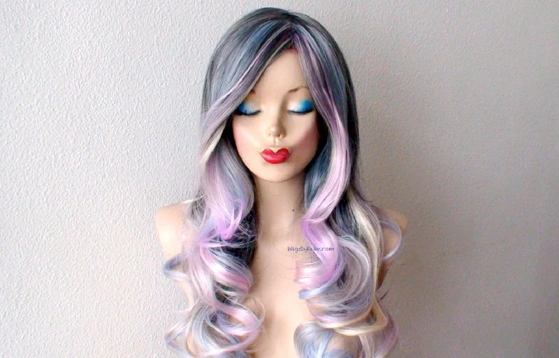 Colored wig with a purple - violet shade for a regal and elegant look26" Grey Pastel Colored Ombre Long Curly Hair Long Side Bangs Wig.