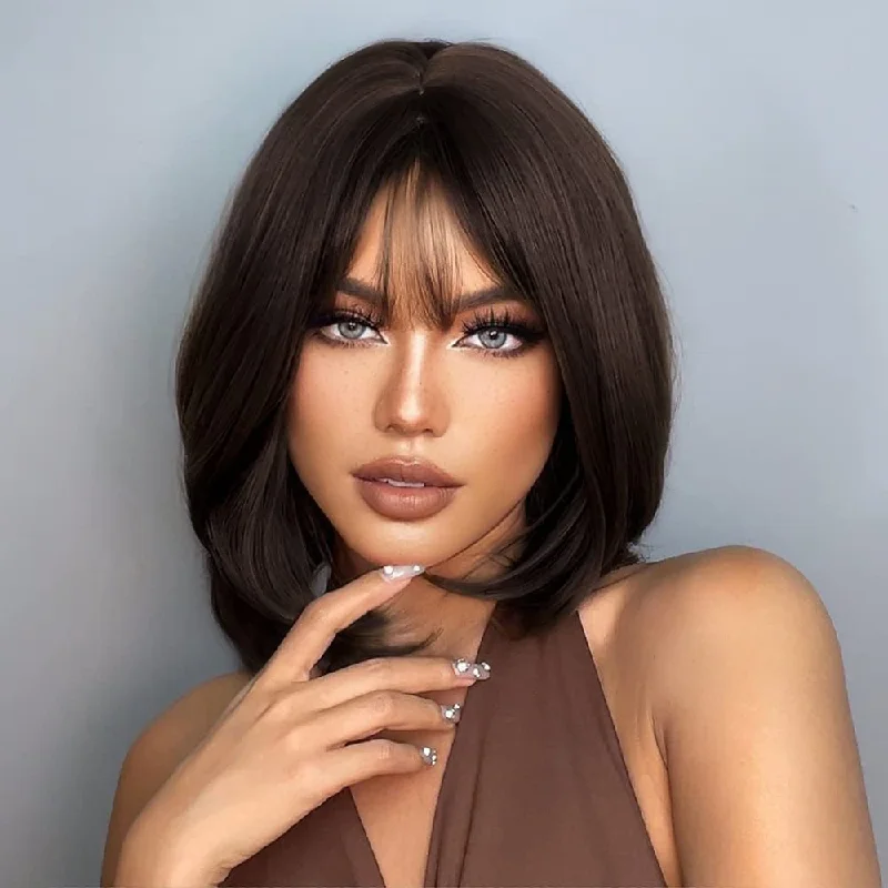 Colored wig with a curly texture for a bold and stylish choiceHAIRCUBE Bob Wig Short Dark Brown Wig with Bangs,Shoulder Length Synthetic Wigs for Women