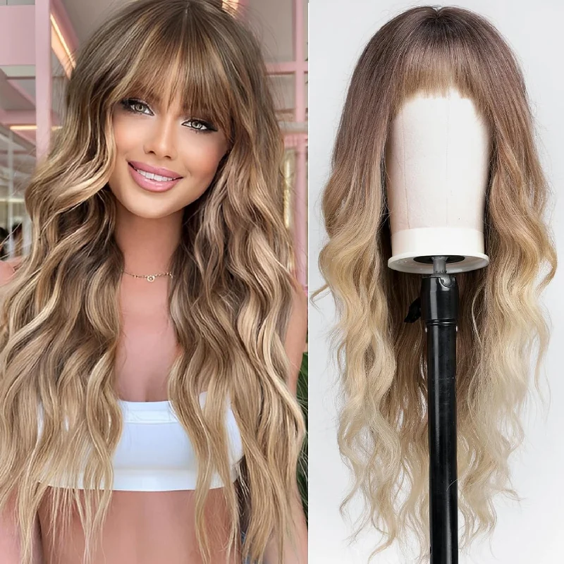 Colored wig with a 150 - density for a full and thick appearanceHAIRCUBE California Collection Wavy Mixed Blonde Long Wavy Synthetic Hair Wig-Tia