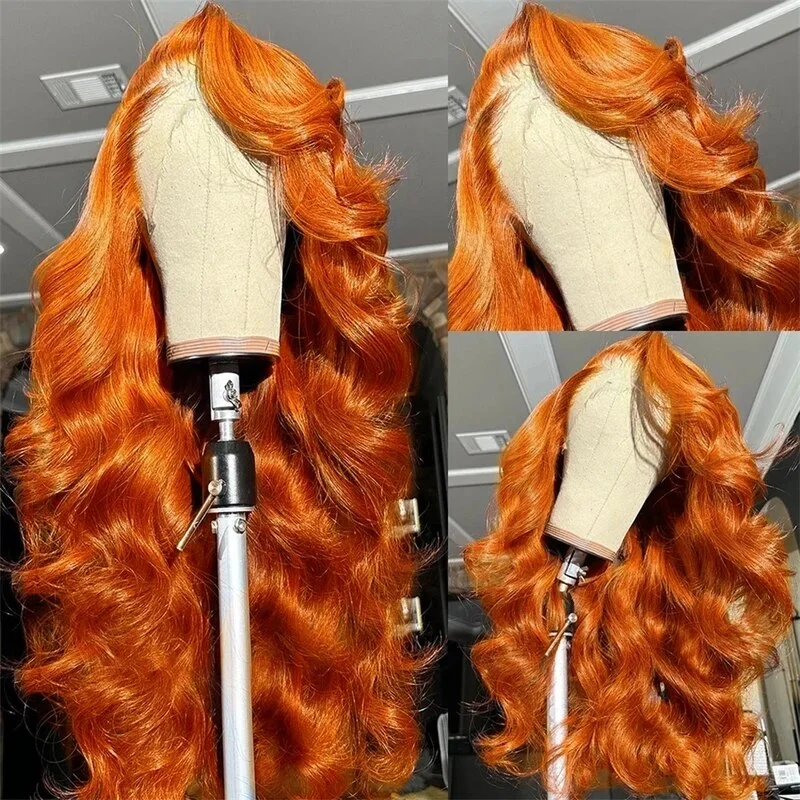 Colored wig with a pre - bleached knot for a natural - looking scalpOneMore Body Wave Ginger Orange 13x4 Transparent Lace Frontal Wigs