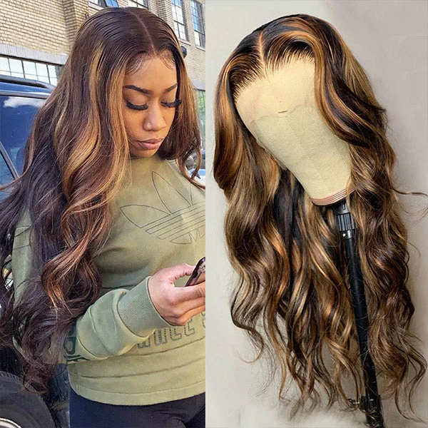 Colored wig with a wavy texture for a beachy and fun lookPiano Color Highlight Transparent T Part Lace Part Wig Body Wave Blonde Streaks Human Hair Wigs