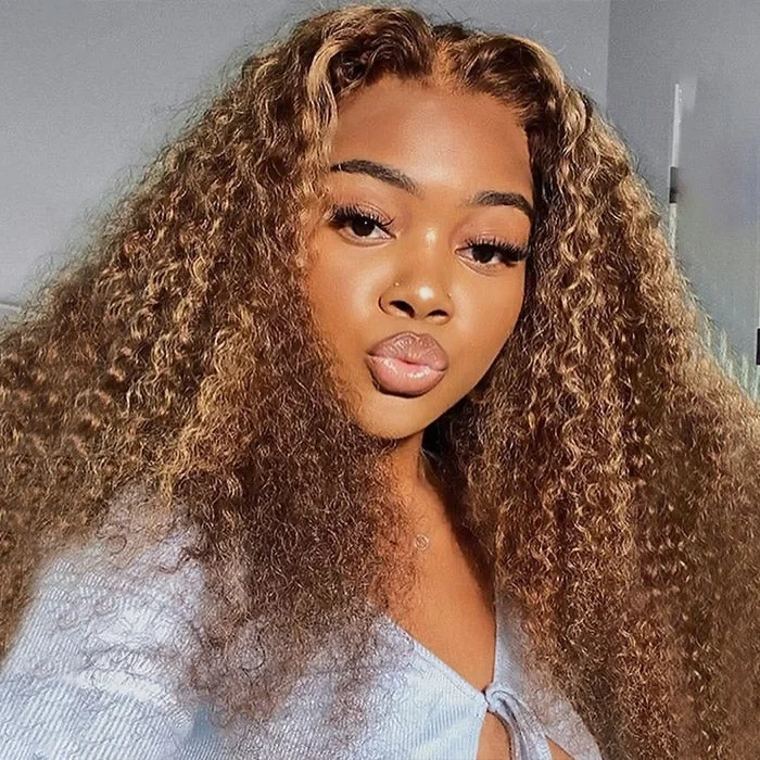 Colored wig in a vibrant pink color for a bold and eye - catching lookHighlight Brown Kinky Curly Ready To Wear Glueless Wigs 13x6 HD Lace Frontal Wig With Bleached Knots Pre-plucked Natural Hairline