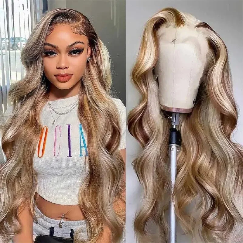 Synthetic colored wig with a heat - resistant formula for easy stylingChocolate Brown with 613 Blonde Highlights Body Wave 13x4 Lace Front Wig