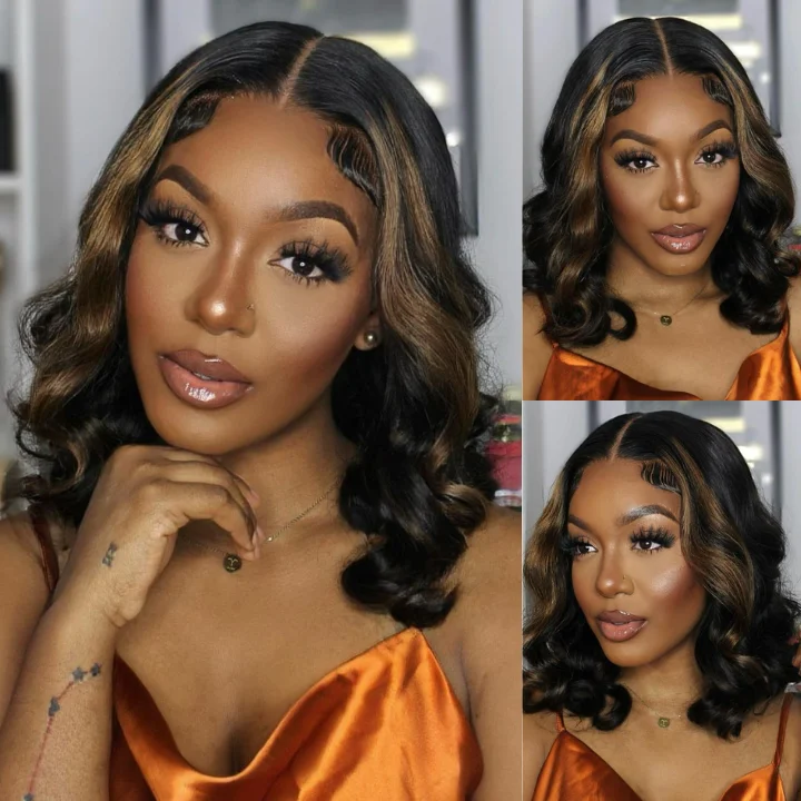 Bob wig with auburn highlights for a warm and vibrant appearanceHighlight Honey Blonde Body Wavy 13x4 Lace Front Short Bob Wig Glueless Human Hair Wig-Geeta Hair