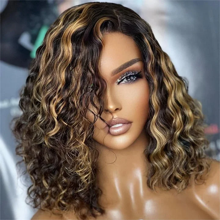 Adjustable - cap bob wig for a comfortable fitHighlight Honey Blonde Deep Curly 13x4 Lace Front Bob Wig Glueless 4x4 Lace Human Hair Wig-Geeta Hair