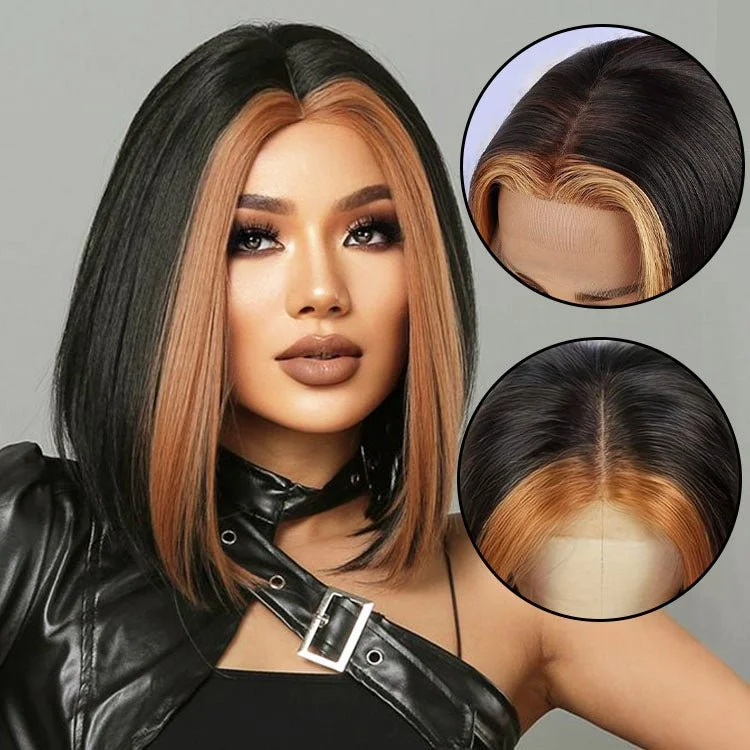 Adjustable - cap colored wig for a comfortable fit13x1 T Part Lace Front Highlight 1B/27 Straight Human Hair Wigs Straight Bob Wig