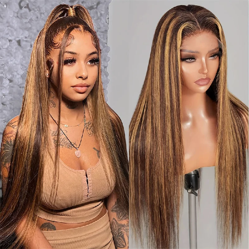 Colored wig with a straight texture for a sleek and minimalist lookHighlights Straight Human Hair Wigs Ombre Honey Blonde Piano Color 13x4 Full Lace Frontal Wigs