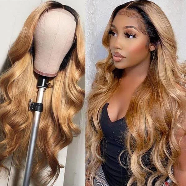 Colored wig with a middle - part for a classic and elegant styleOneMoreWig Ombre Honey Blonde Wigs 1B/27 Color 13x4 Lace Front Wig Body Wave Human Hair Wigs