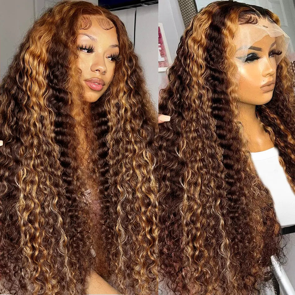 Colored wig with a straight texture for a sleek and minimalist lookHighlights Hair Deep Wave 13x4 Lace Frontal Wig Brown Hair with Blonde Highlights Glueless Wigs Human Hair