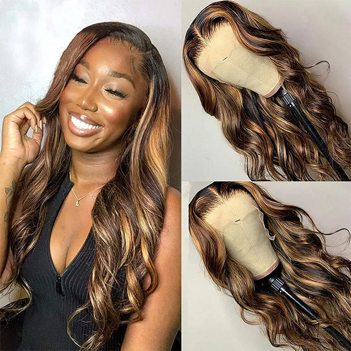 Adjustable - cap colored wig for a comfortable fitHoney Blonde Highlights Wig 4x4 HD Lace Closure Wig Body Wave Closure Wig Glueless Wig