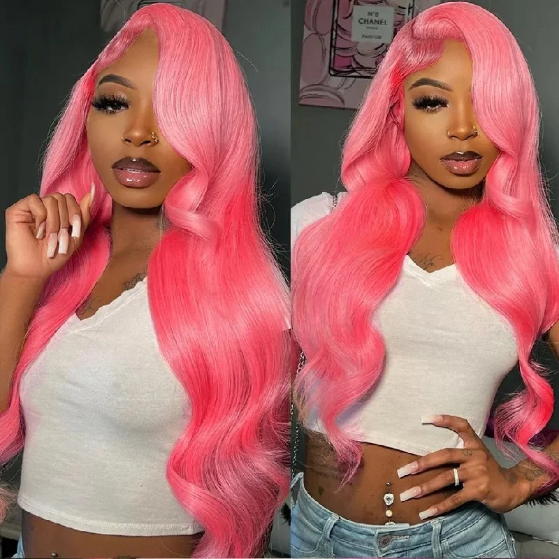 Colored wig with a silk - base cap for a comfortable and smooth feelOneMore Barbie Pink Body Wave Wig 13x4 Transparent Lace Front Wig Colored Human Hair Wig