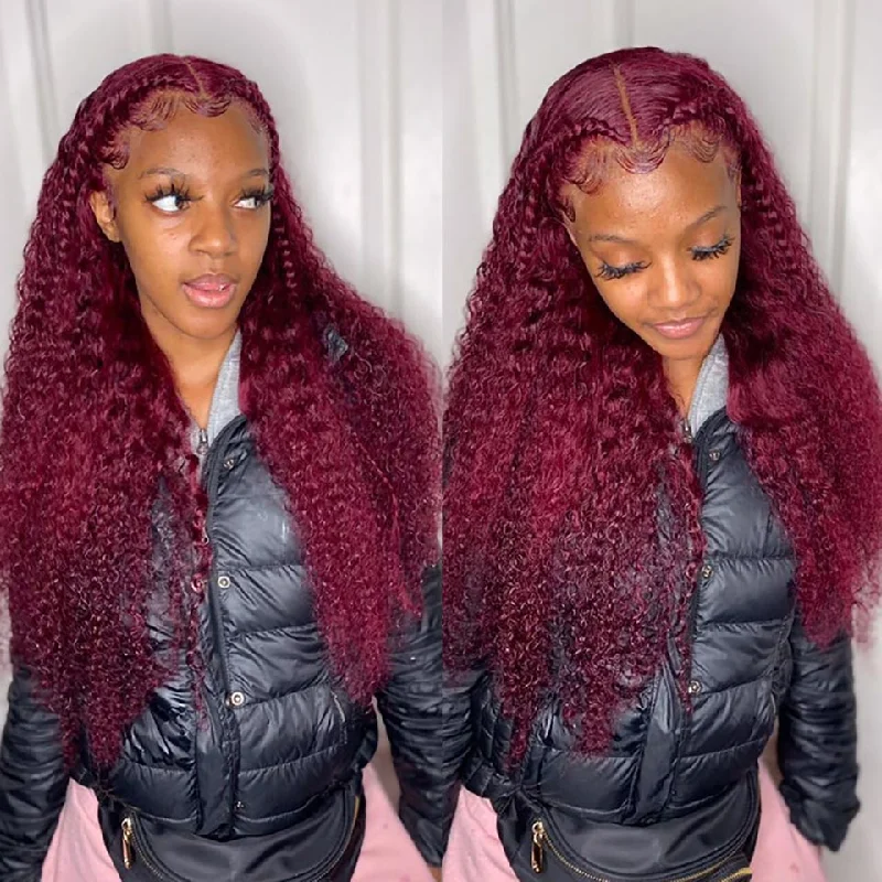 Colored wig in a vibrant pink color for a bold and eye - catching lookHuman Hair Wigs 99J Red Burgundy Pre-Plucked Remy Human Hair Deep Part Wigs 13x6 HD Lace Front Wig