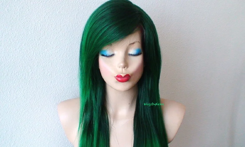 Colored wig with a pre - bleached knot for a natural - looking scalp28" Irish green Ombre Long  Straight Layered Hair Long Side Bangs Wig