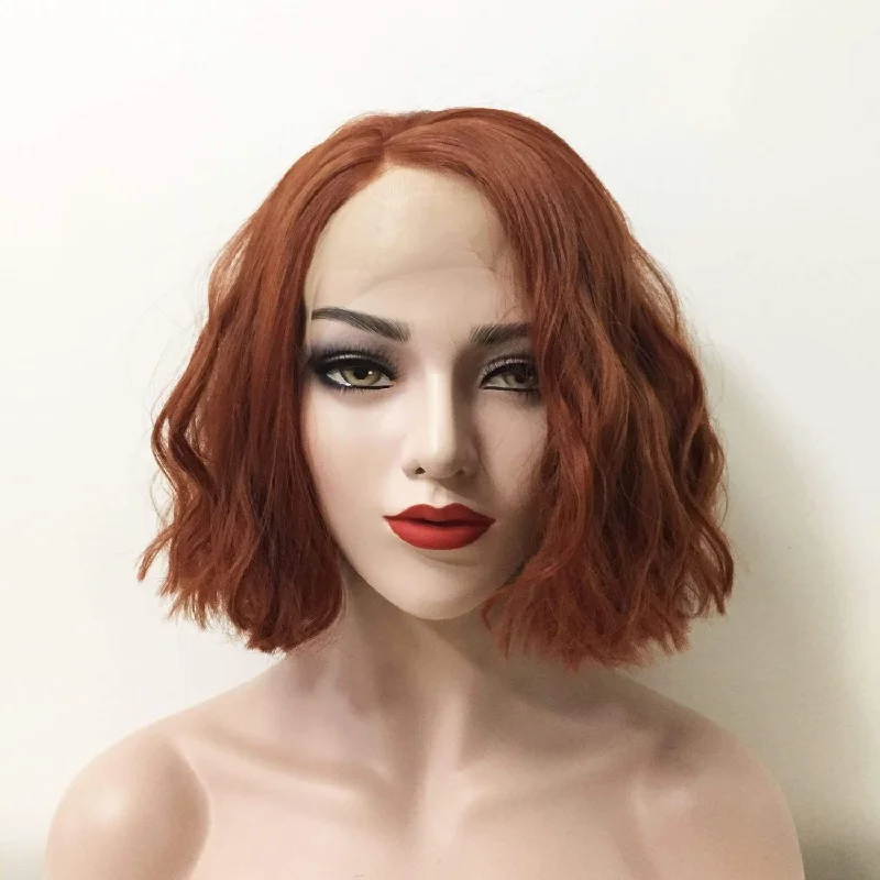 Bob wig for daily wear with a low - maintenance designWomen Auburn Ginger Red Lace Front Side Part Short Curly Bob Wig