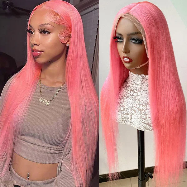 Synthetic colored wig with a heat - resistant formula for easy stylingOneMore Barbie Pink Lace Front Wig Glueless Straight Human Hair Wigs 13x4 HD Lace Wig