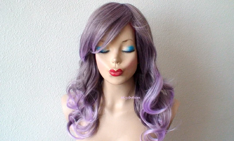 Colored wig with a natural - looking root for a more realistic look20" Lavender Ombre Curly Hair Side Bangs Wig