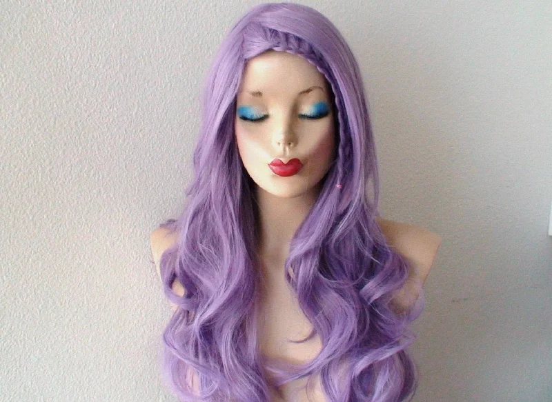 Colored wig with a side - part for a more flattering appearance26" Lavender Long Curly Hair Long Side Bangs Wig