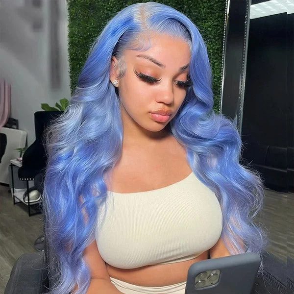 Colored wig with a side - part for a more flattering appearanceColorful Wig Body Wave Lace Front Wig 13x4 HD Lace Frontal Wig Light Blue Long Wigs Body Wave Glueless Wigs