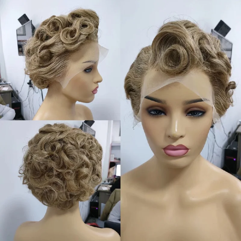 Colored wig with a pre - bleached knot for a natural - looking scalpLight Brown Pixie Cut Wig Human Hair Lace Frontal Wig for Black Women